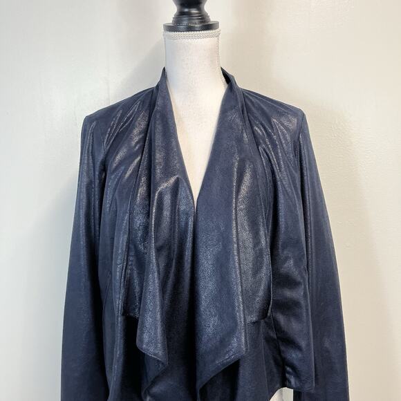 INC International Concepts Faux Leather Waterfall Blazer Women's Large Blue Navy - Picture 2 of 9